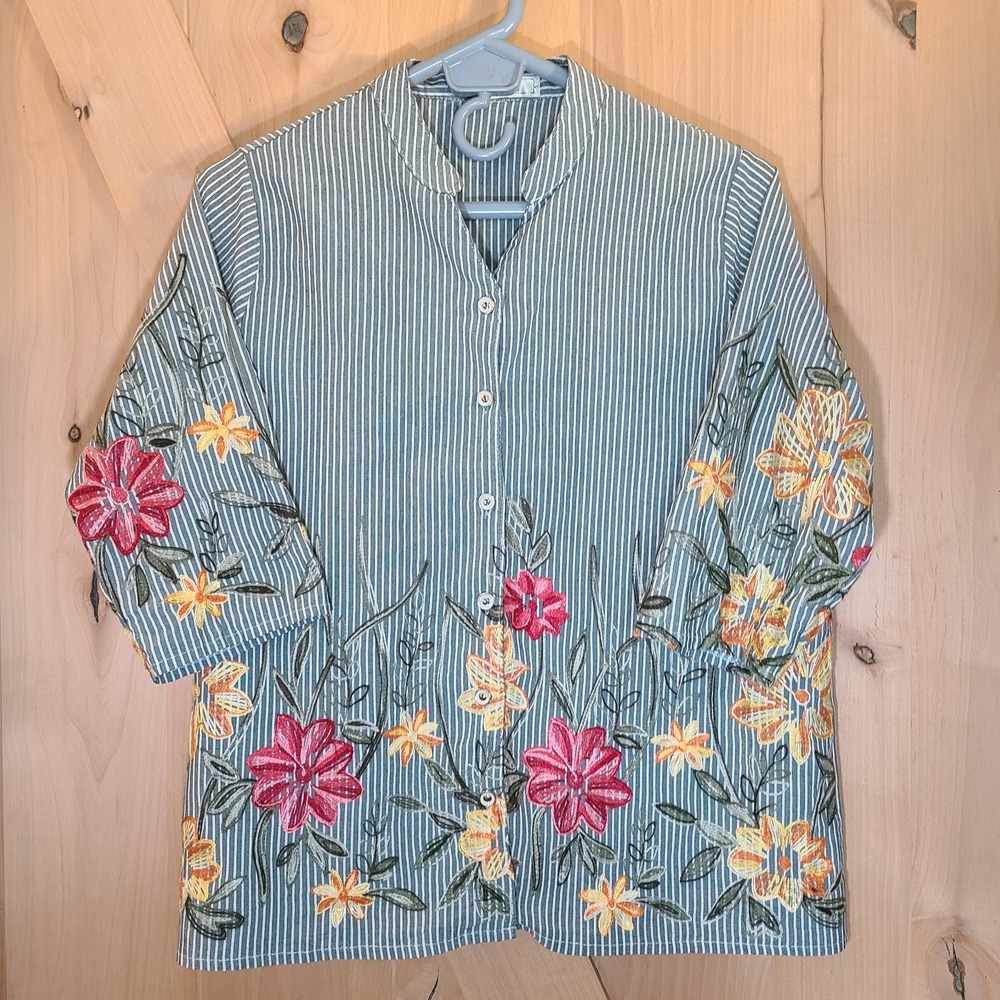 Floral‎ Embroidered Striped Button Up Blouse Mandarin Collar Top